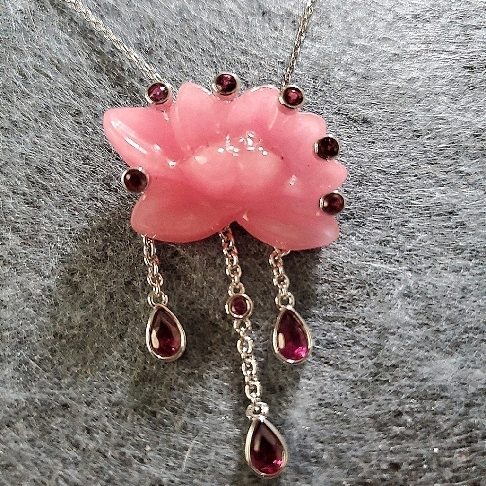 Sterling Silver Pink Jade Garnet Lotus Flower Necklace